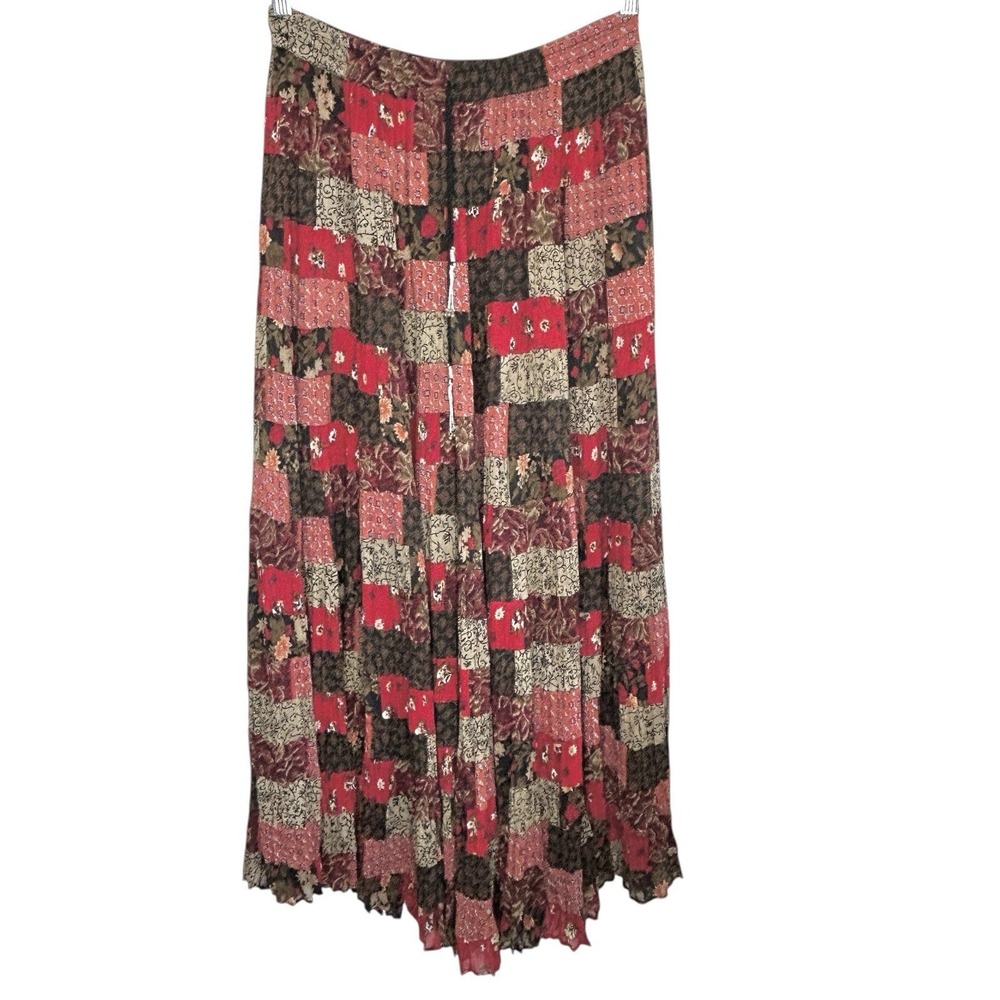 VTG Silver Stream Boho Patchwork‎ Maxi Skirt O/S Festival Indie Sheer Floral Red